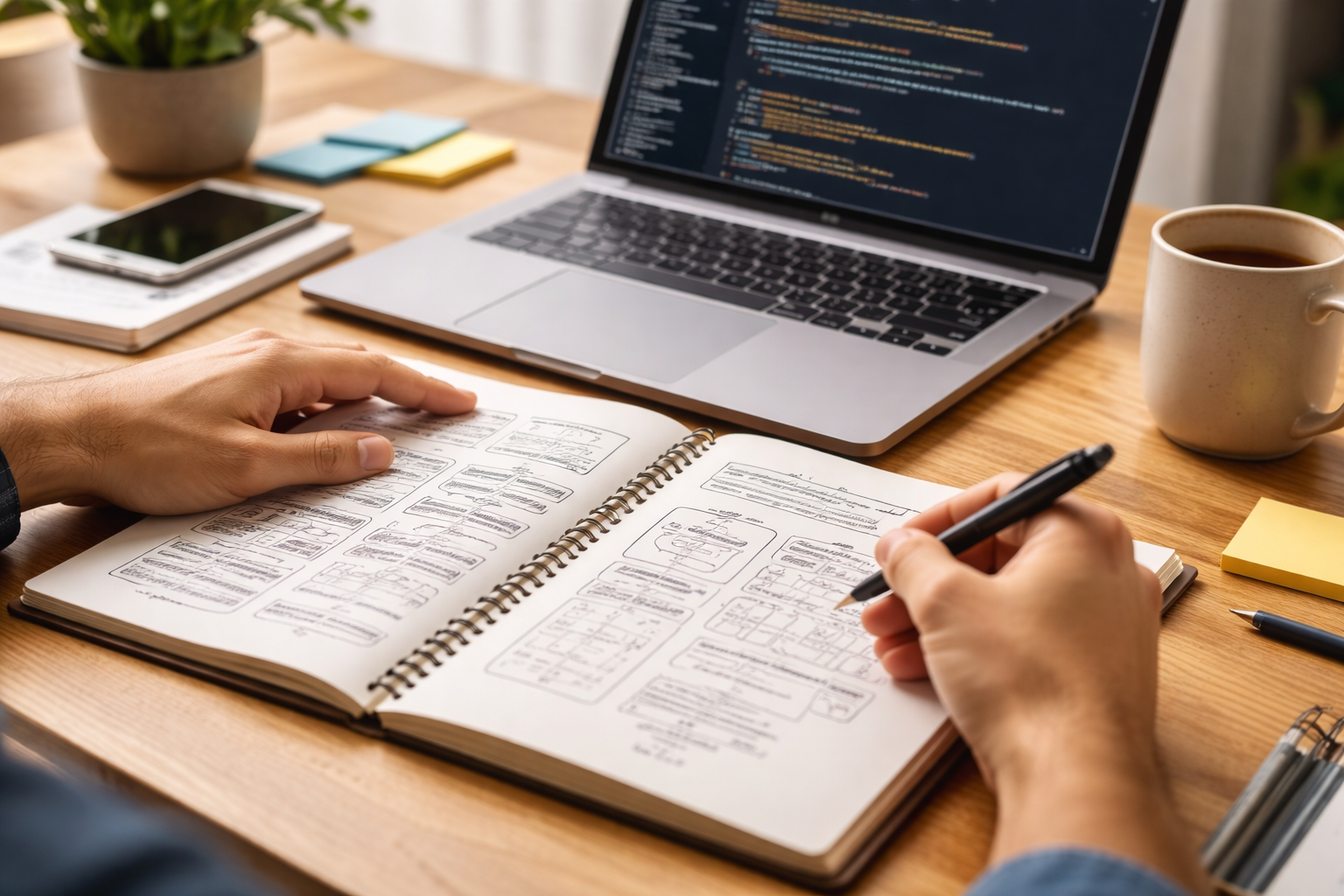 Hands sketching interface wireframes in a notebook beside a laptop displaying code on a desk