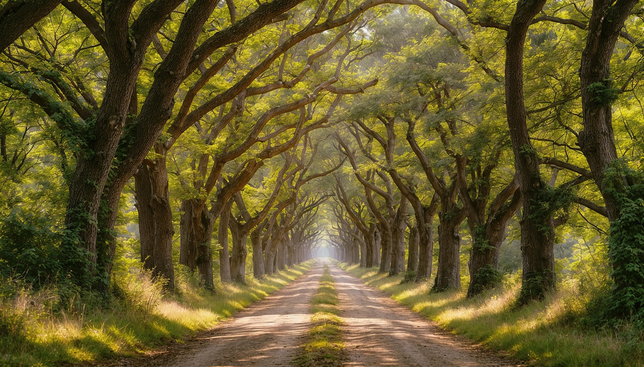 Tree-lined path stretching forward through a green forest with sunlight filtering through the branches
